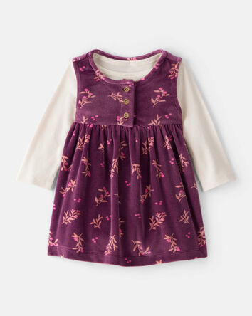 Baby Girl Flowers Print Velour Long-Sleeve Dress Set - Purple, 