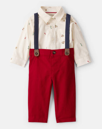 Baby Boy 3-Piece Holiday Print Cotton Long-Sleeve Shirt & Suspender Pant Set - Red/White, 