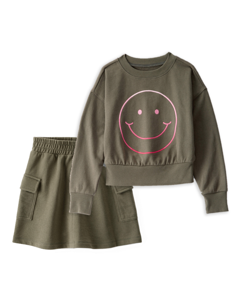 Girls 2-Piece Smiley Face Sweatshirt & Cargo Skirt Set - Green, image 1 of 6 slides