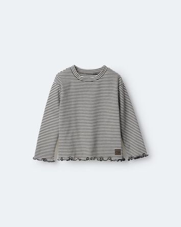 Toddler Girl Striped Ruffle Edge Long-Sleeve Top - Dark Grey/Ivory, 