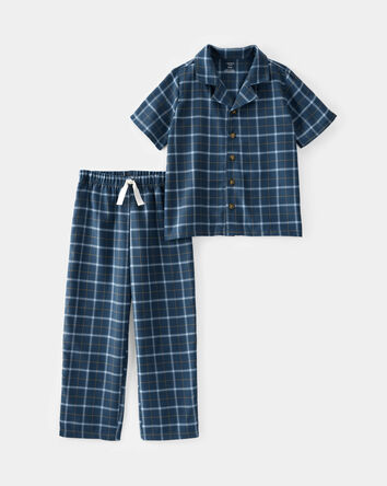 Kid 2-Piece Plaid Loose Fit Coat-Style Pajamas - Navy, 