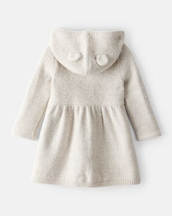 Baby Girl Long-Sleeve Hooded Sweater Dress with Bear Ears - Oatmeal, 