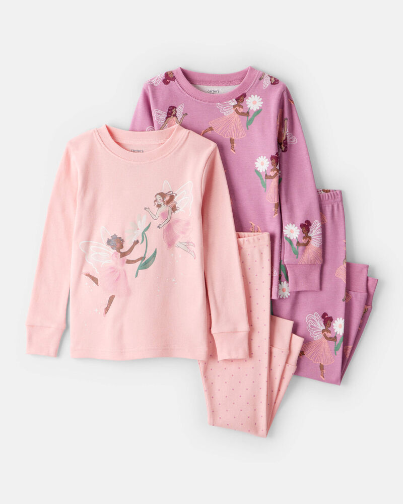 Baby Girl Fairy Floral 100% Cotton Long-Sleeve Snug Fit 4-Piece Pajamas - Pink/Purple, image 1 of 4 slides