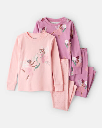 Baby Girl Fairy Floral 100% Cotton Long-Sleeve Snug Fit 4-Piece Pajamas - Pink/Purple, 