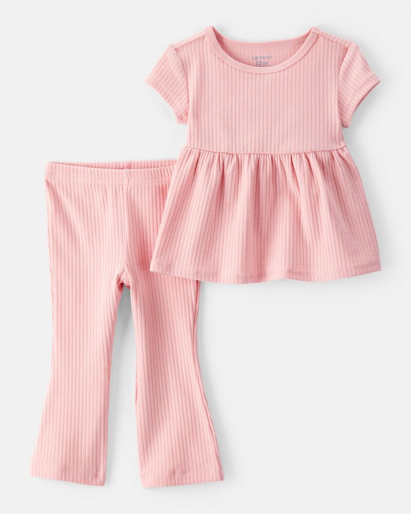 Baby 2-Piece Ribbed Tee & Pull-On Pant Set - Pink, image 1 of 3 slides