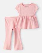Baby 2-Piece Ribbed Tee & Pull-On Pant Set - Pink, image 1 of 3 slides
