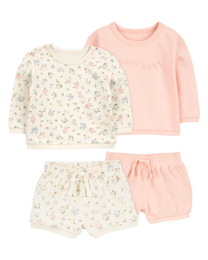 Baby 4-Piece French Terry Mix-and-Match Outfit Set - Pink/Ivory, image 1 of 11 slides