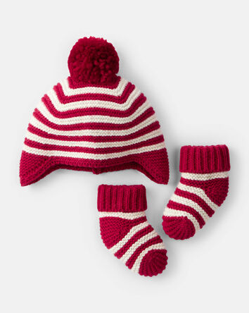 Baby Striped Crochet Pom Winter Hat & Socks Set - Red/White, 
