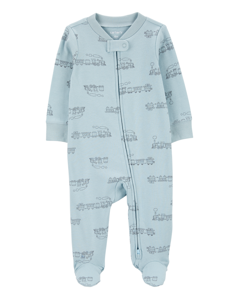 Baby Boy Train 2-Way Zip Sleep & Play Pajamas - Blue, image 1 of 3 slides