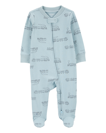 Baby Boy Train 2-Way Zip Sleep & Play Pajamas - Blue, 