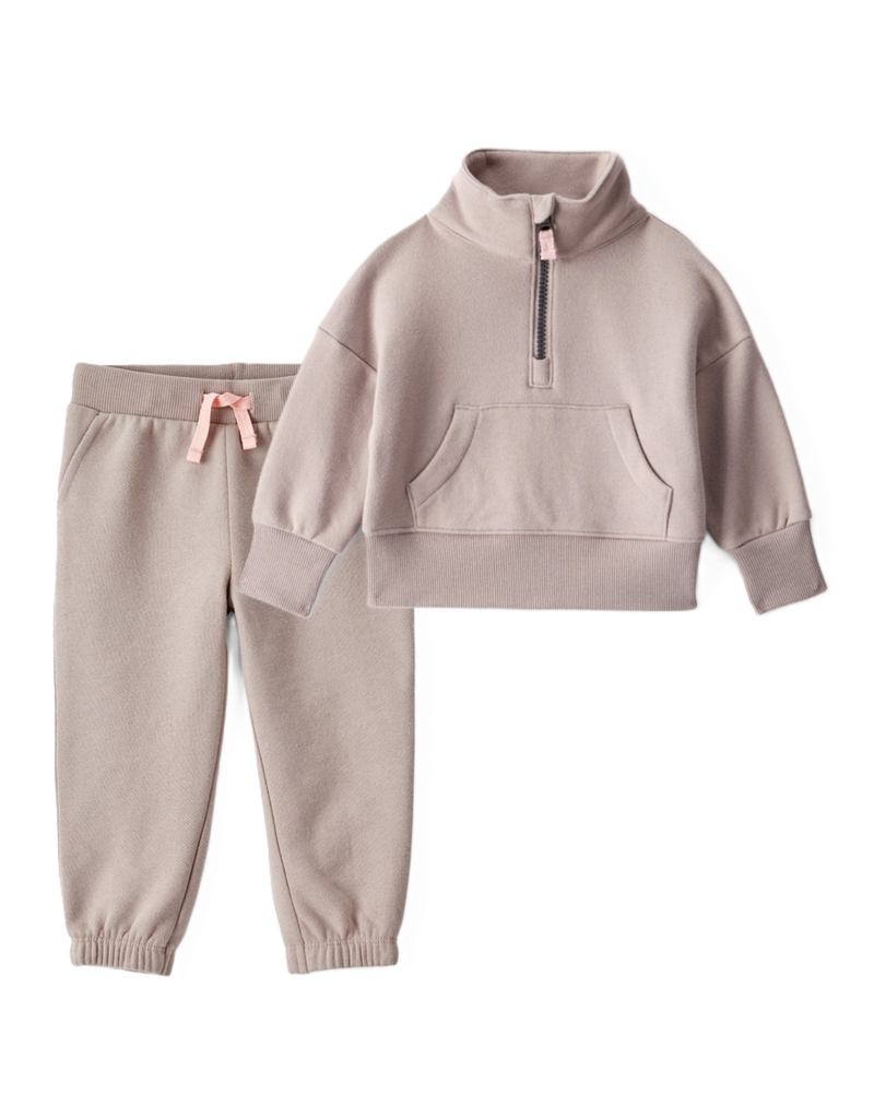 Baby Girl 2-Piece DayDream Fleece Quarter-Zip Pullover Sweatshirt & Joggers Set - Brown, image 1 of 6 slides