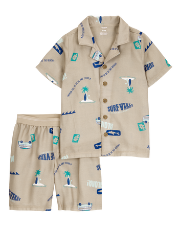 Boys Tropical Print Loose Fit 2-Piece Pajamas - Khaki, 