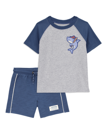 Toddler 2-Piece Shark Raglan Tee & Pull-On Shorts Set - Grey/Navy, 
