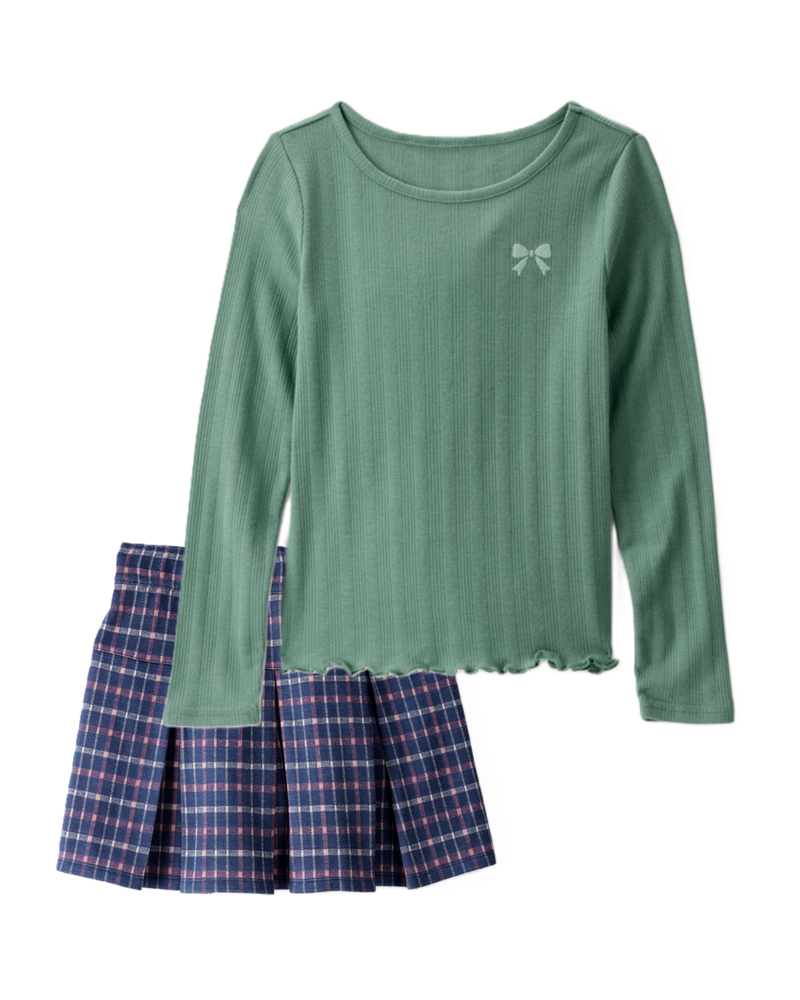 Girls 2-Piece Bow Embroidered Tee & Plaid Pleated Skort Set - Green/Navy, image 1 of 6 slides