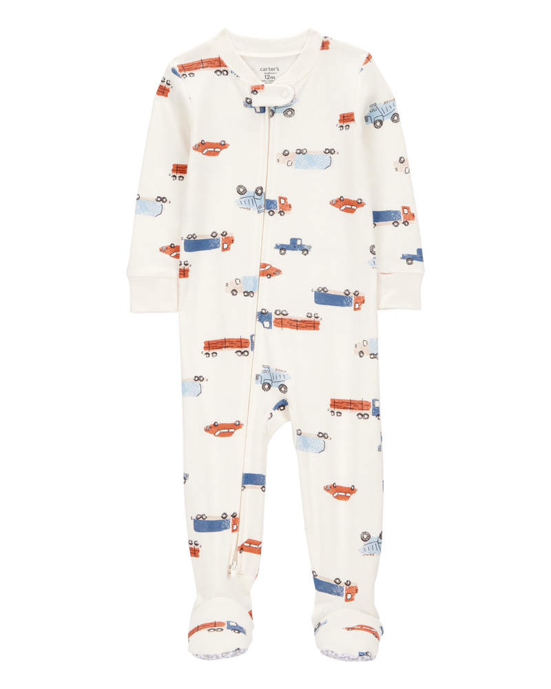 Baby Boy 1-Piece Car Print 100% Snug Fit Cotton Footie Pajamas - Ivory, image 1 of 3 slides