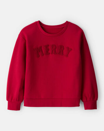 Girls Christmas Merry Long-Sleeve Pullover Sweatshirt - Red, 