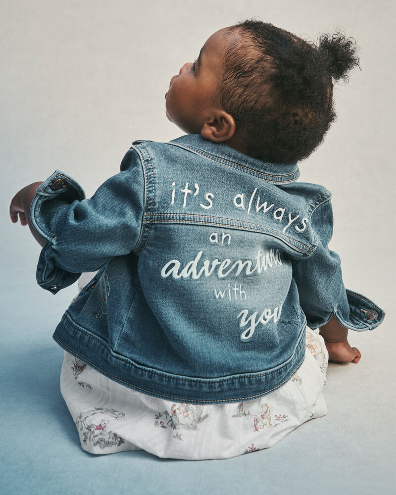 Baby Disney&copy; Winnie the Pooh Embroidered Knit-Like Denim Jacket with Back Art - Dark Wash, image 2 of 7 slides