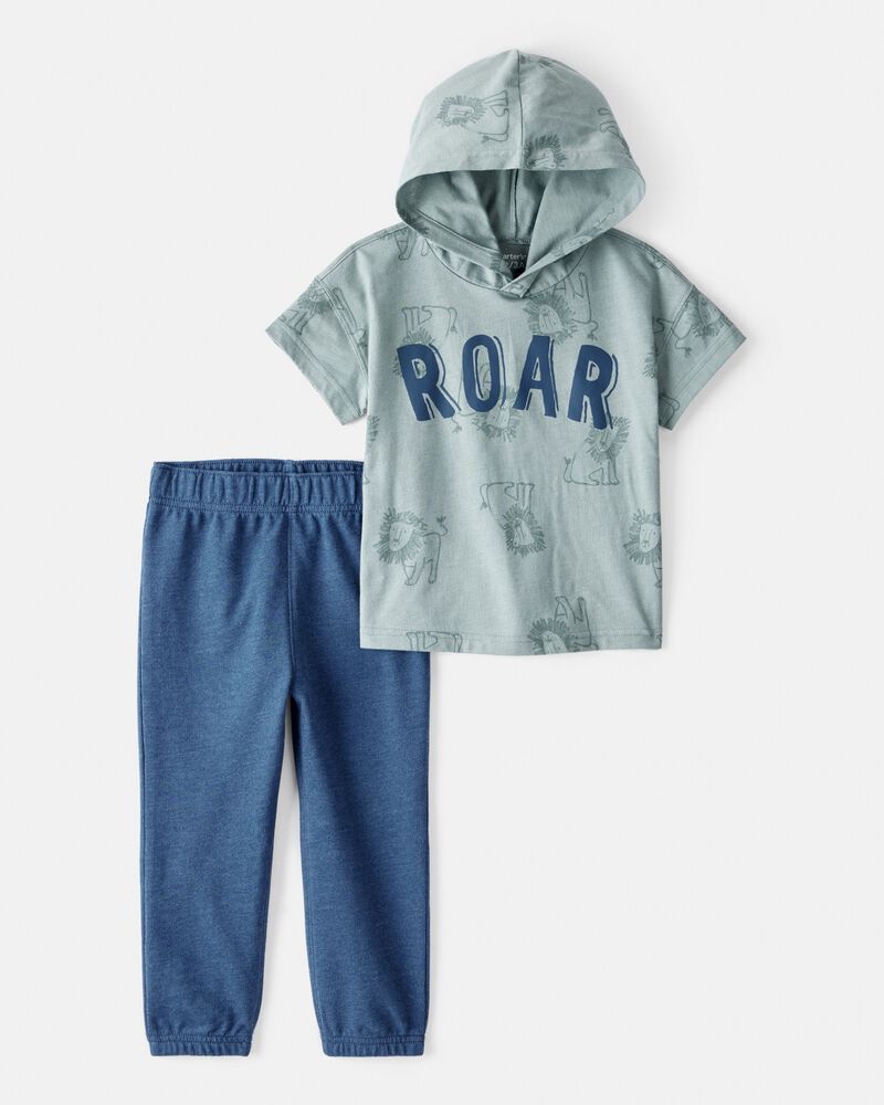 Toddler Boy 2-Piece Roar Hooded Tee & Jogger Pant Set - Green/Blue, image 1 of 4 slides