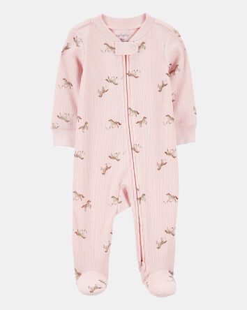 Baby Girl Horse Print 2-Way Zip Ribbed Sleep & Play Pajamas - Pink, 