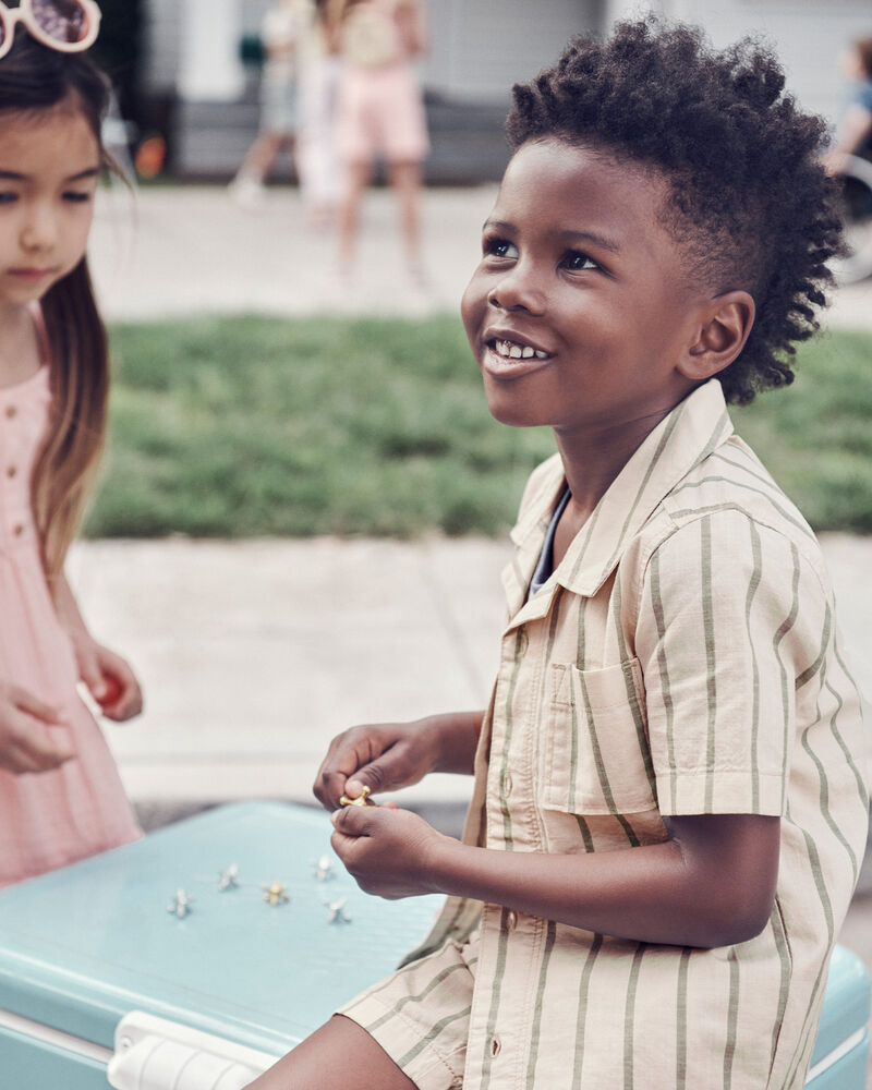 Toddler 2-Piece Striped Button-Down Shirt & Drawstring Shorts Set - Khaki, image 7 of 10 slides