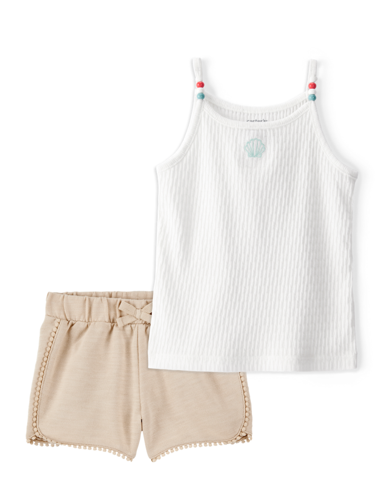 Toddler 2-Piece Seashell Ribbed Tank Top & Pom Pom Dolphin Shorts Set - Ivory/Tan

, image 1 of 10 slides
