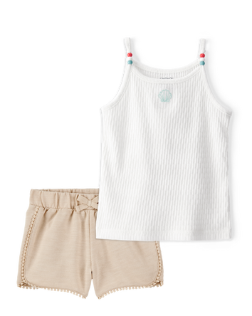 Toddler 2-Piece Seashell Ribbed Tank Top & Pom Pom Dolphin Shorts Set - Ivory/Tan

, 