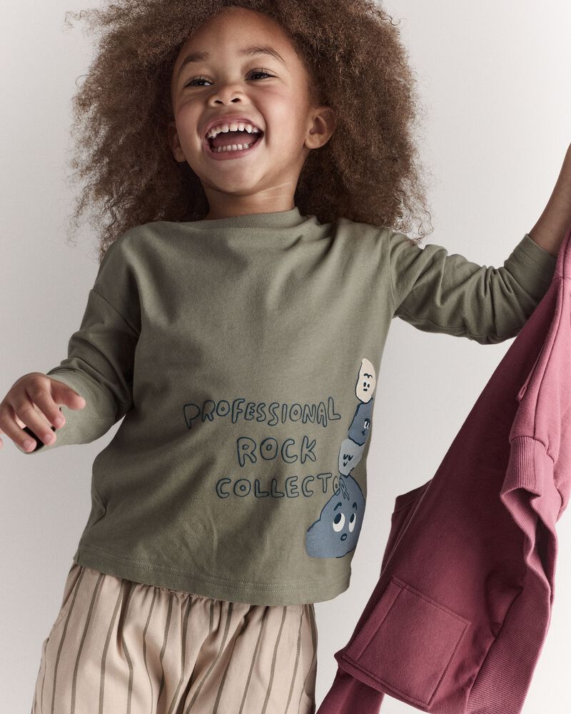 Toddler 'Rock Collector' Long-Sleeve Relaxed Graphic Tee - Olive, image 1 of 7 slides