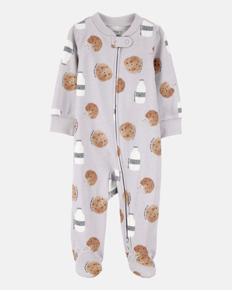 Baby Milk & Cookies 2-Way Zip Cotton Sleep & Play Pajamas - Grey, image 1 of 3 slides