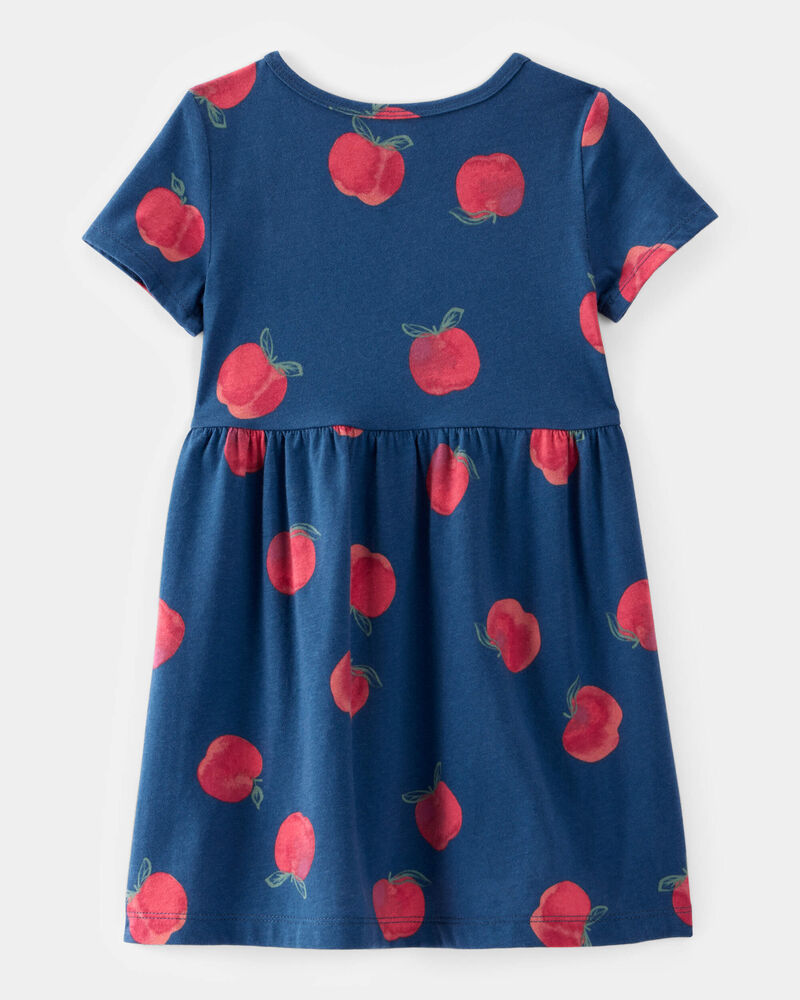 Toddler Girl Apple Print Short-Sleeve Knit Dress - Navy, image 2 of 4 slides