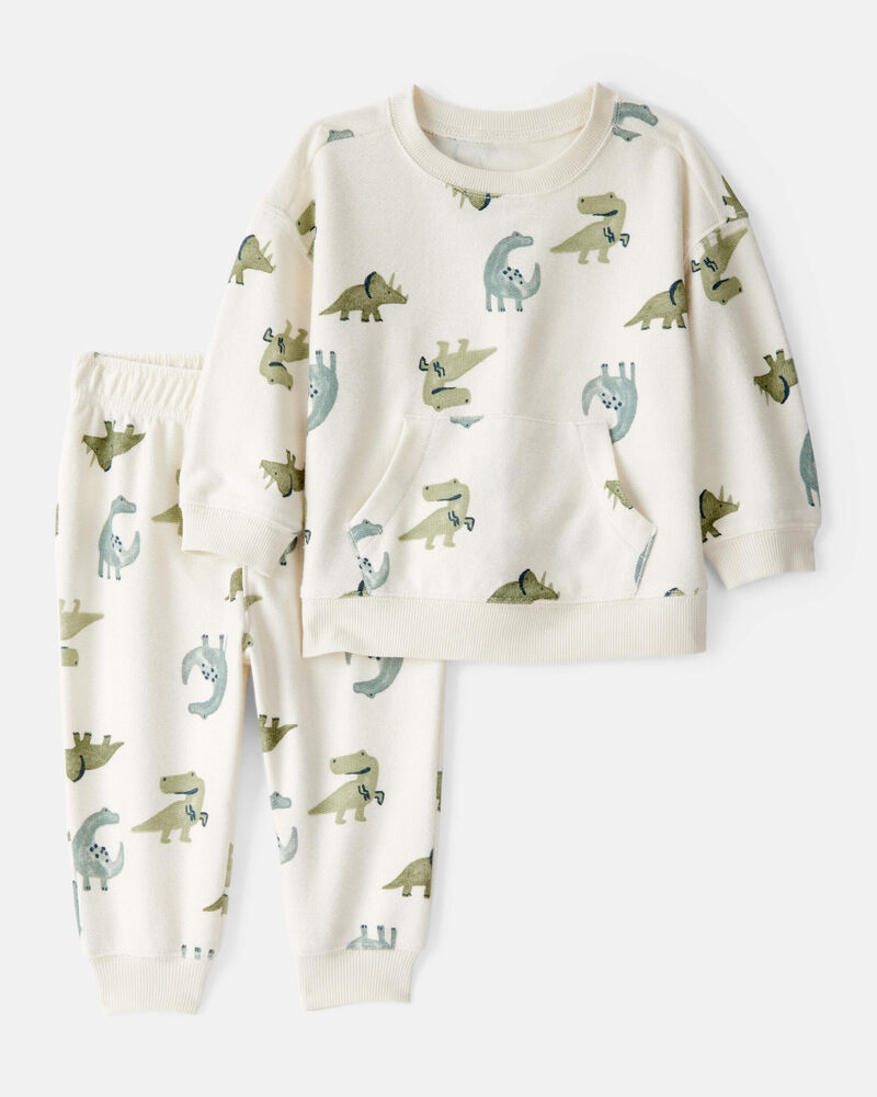 Baby Boy Dinosaur French Terry Long-Sleeve Tee & Pant Set - Ivory, image 1 of 3 slides