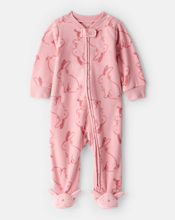 Baby Girl Bunny Print Fleece Long-Sleeve Loose Fit Sleep & Play Pajamas - Pink, 