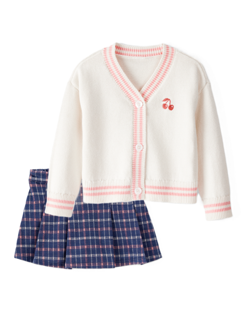 Baby Girl 2-Piece Cherry Long-Sleeve Sweater & Plaid Knit Skort Set - Ivory/Navy, image 1 of 7 slides