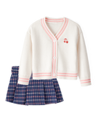 Baby Girl 2-Piece Cherry Long-Sleeve Sweater & Plaid Knit Skort Set - Ivory/Navy, image 1 of 7 slides