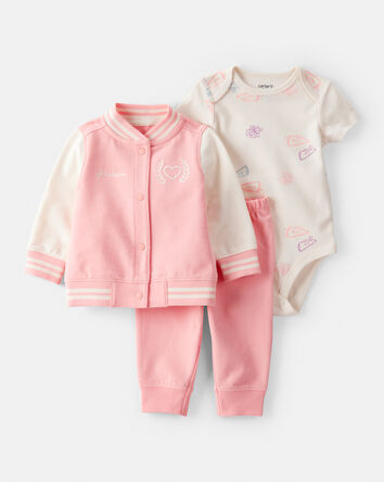 Baby Girl 3-Piece Varsity Freshman Little Jacket Set - Pink/White, 