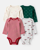 Baby Boy 4-Pack Christmas Print Long-Sleeve Multipack Bodysuits - White/Green, image 1 of 6 slides