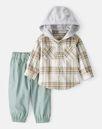 Baby Boy 2-Piece Plaid Cotton Long-Sleeve Tee & Pant Set - Brown/Green, 