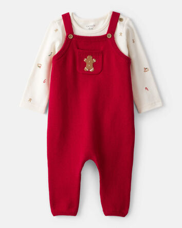 Baby Boy Gingerbread Holiday Print Long-Sleeve Overall Set - Red, 