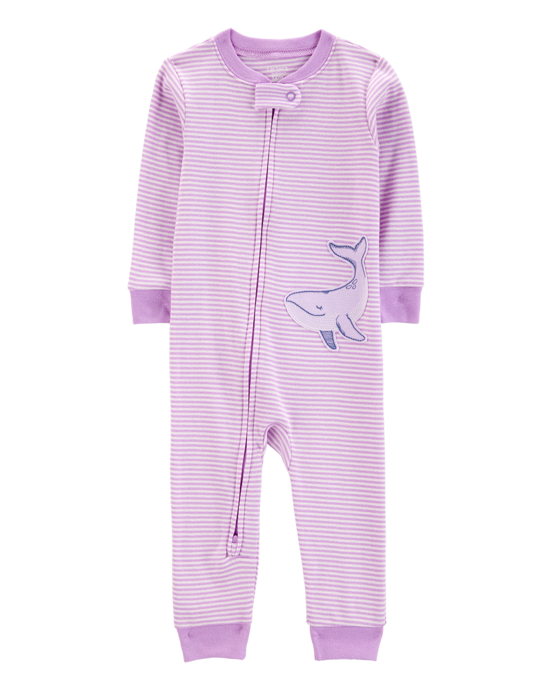 Baby Girl Whale Striped Snug Fit Cotton Footless 1-Piece Pajamas - Purple, image 1 of 4 slides