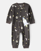 Baby Boy Spaceship Star Print Fleece Long-Sleeve Loose Fit 1-Piece Pajamas - Grey, image 1 of 4 slides