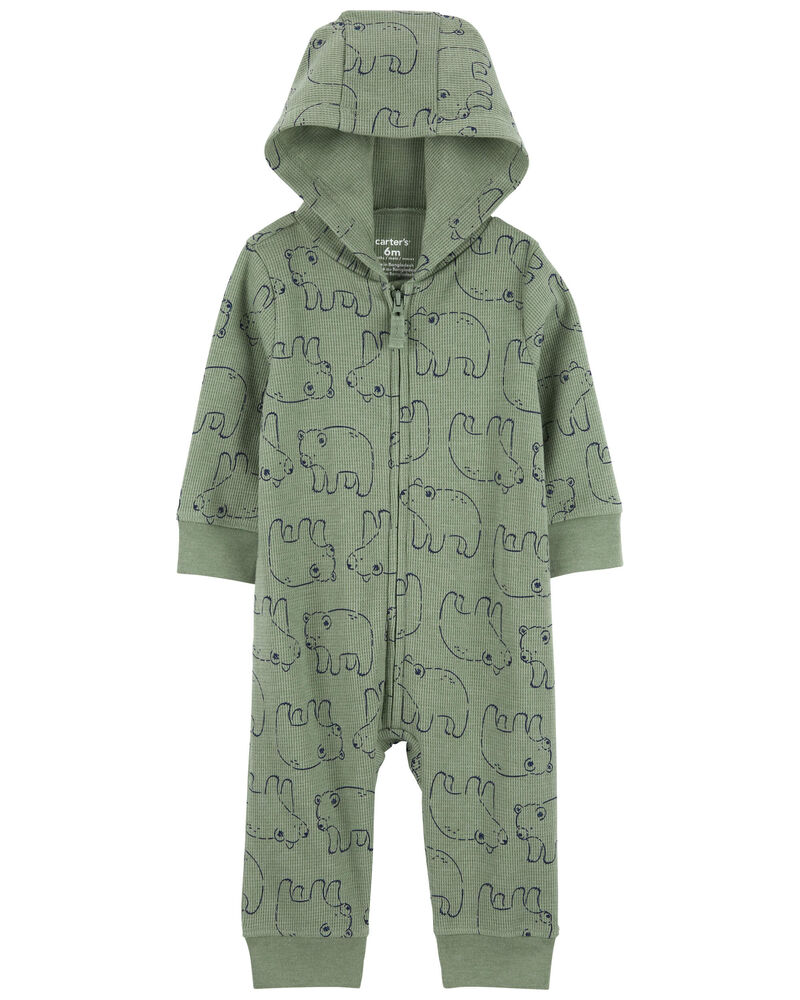 Baby Boy Bear-Print Hooded Long-Sleeve Jumpsuit - Green, image 1 of 4 slides
