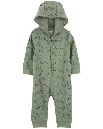Baby Boy Bear-Print Hooded Long-Sleeve Jumpsuit - Green, 