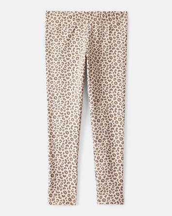 Girls Cotton Leopard Stretch Leggings - Brown, 
