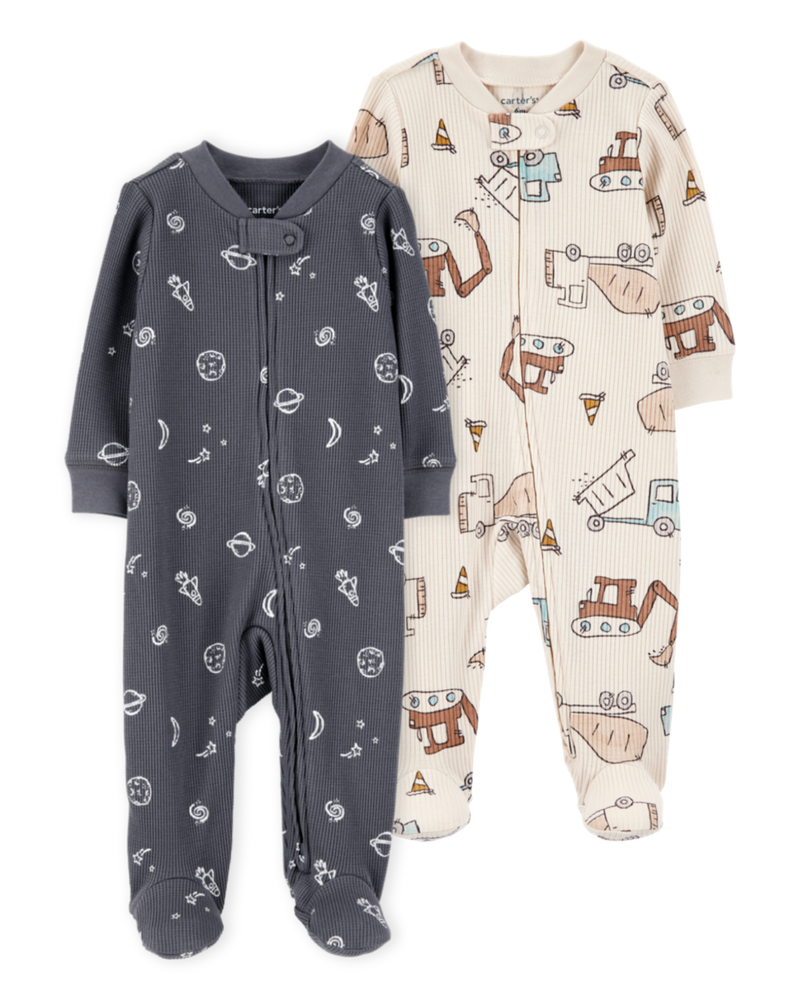 Baby 2-Pack  Ribbed 2-Way Zip Sleep & Play Pajamas - Grey/Ivory, image 1 of 5 slides