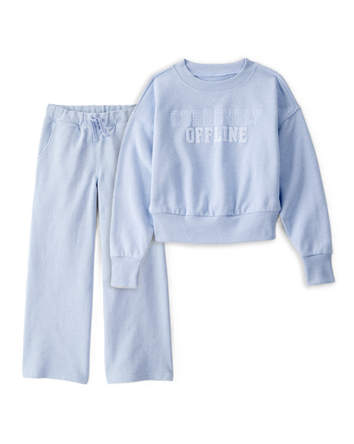 Girls 2-Piece Oversized "Currently Offline" Sweatshirt & Drawstring Pants Set - Blue, 