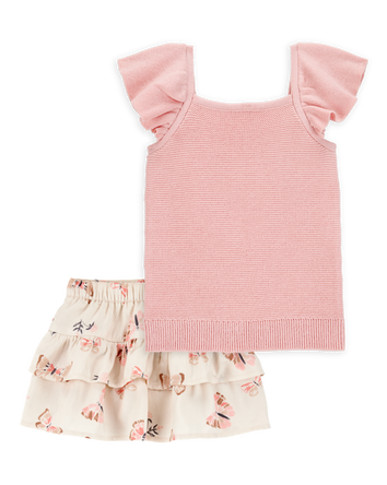 Toddler 2-Piece Flutter-Sleeve Rib Tank & Butterfly Ruffle Skort Set - Pink/Ivory, 