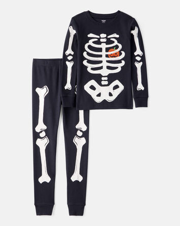 Kid 2-Piece Glow Halloween Skeleton 100% Snug Fit Cotton Pajamas - Black, 