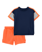 Toddler 2-Piece Active Raglan Tee & Pull-On Shorts Set - Navy/Orange, image 1 of 9 slides