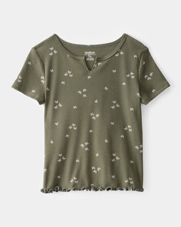 Girls Butterfly Print Ribbed Short-Sleeve Shirt - Olive, 