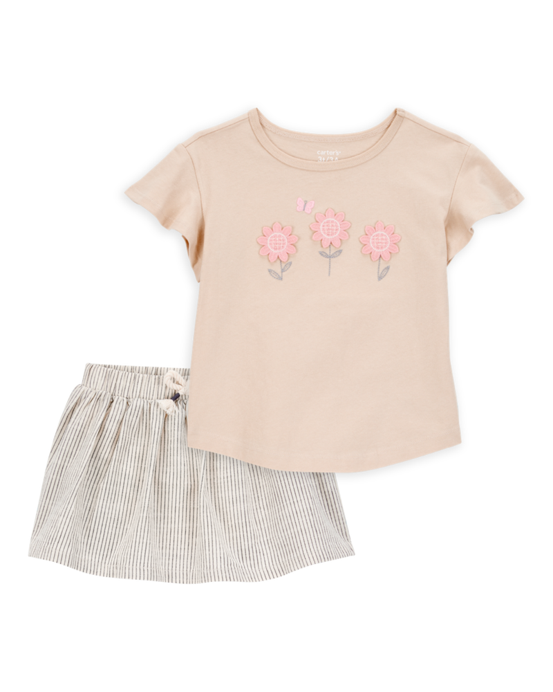 Toddler 2-Piece Floral Short-Sleeve Top & Striped Skort Set - Tan/Black, image 1 of 8 slides