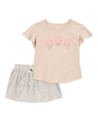 Toddler 2-Piece Floral Short-Sleeve Top & Striped Skort Set - Tan/Black, image 1 of 8 slides